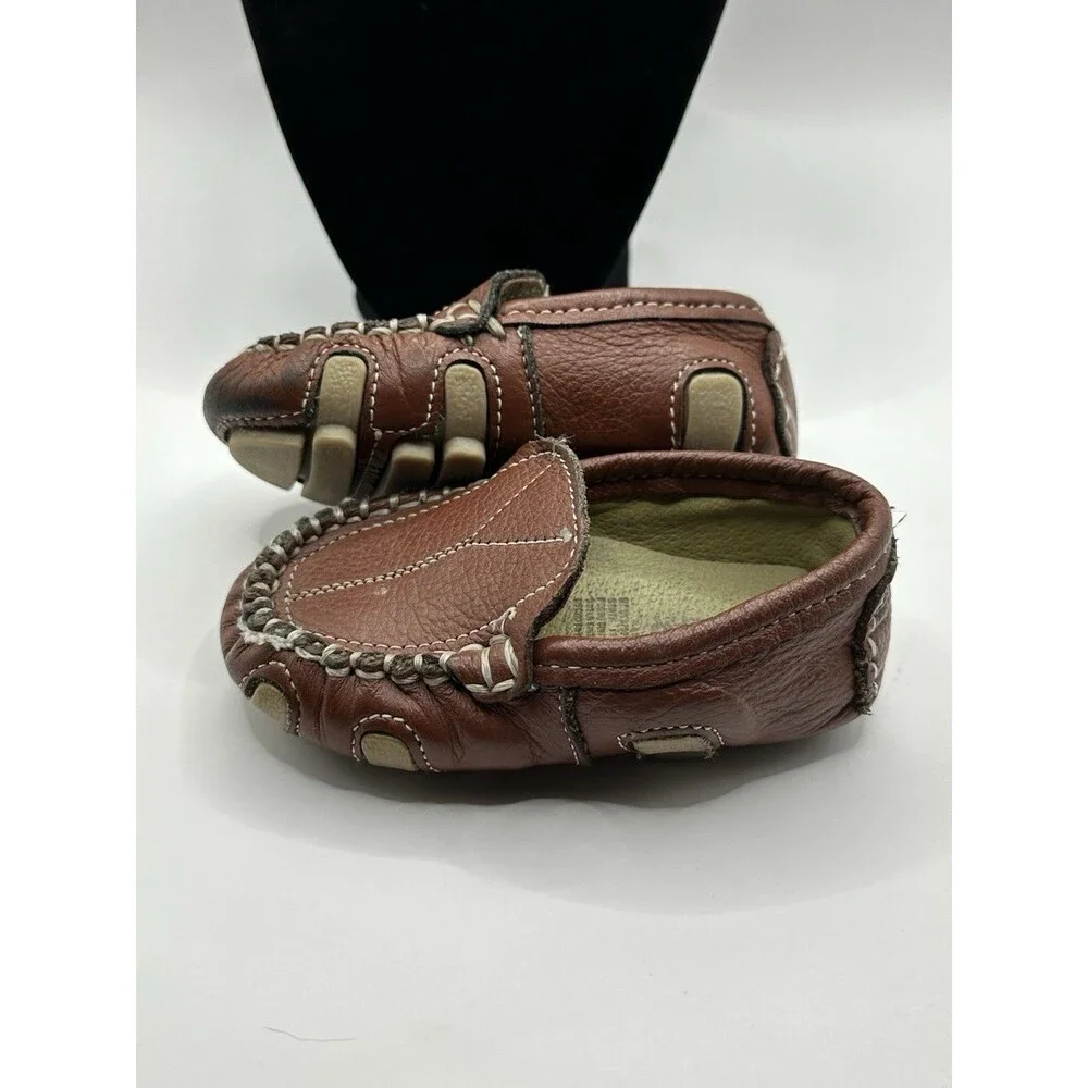 Baby Toddler NASCAR Shoes Natural Brown Leather Moccasins Rubber Soles